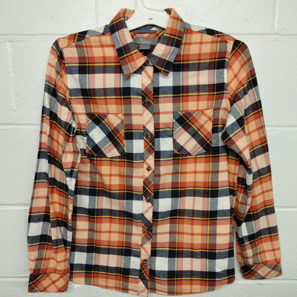 Natural Reflections Women's Plaid Button Down Peach & Blue Shirt Size MEDIUM